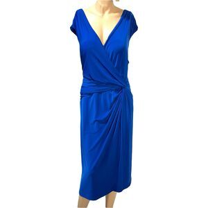 Lauren Ralph Lauren Blue Faux Wrap Sheath Dress Size 18W Midi Ruched Twist Front
